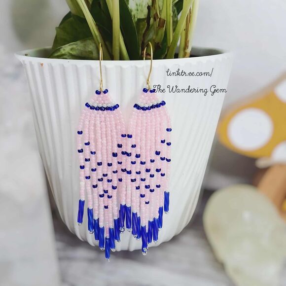 Pink & Blue Beaded Fringe Cascade Shoulder Duster Dangle Earrings, Boho Chic 4" - Picture 1 of 6